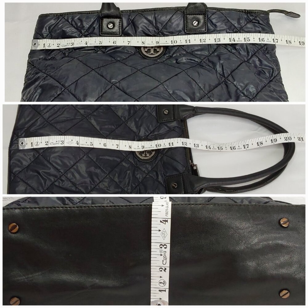 TORY BURCH TOTE BAG LEATHER & NYLON NAVY BLUE DOUBLE SHOULDER STRAPS - Picture 13 of 14
